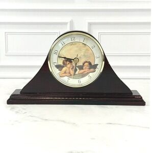 VTG 1990s Spartus Quartz Mini Wooden Mantle Clock Cherub Scene 9" X 5"